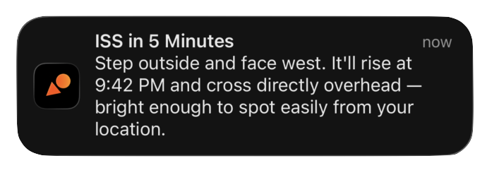 Notification: ISS in 5 minutes. Step outside and face west